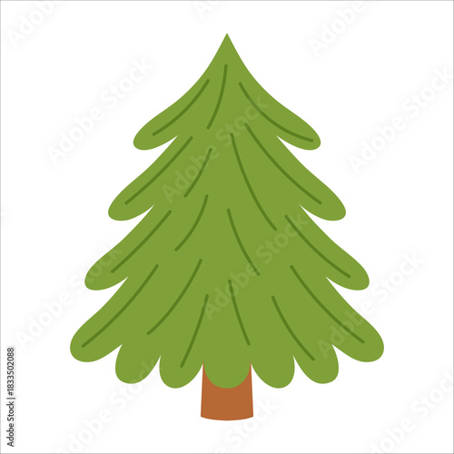 Simple soft rounded evergreen tree with natural asymmetric branches in light green tones. For Christmas, winter, forest, holiday, kids, nature graphics. Flat vector. Hand drawn. Isolated background.