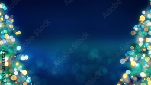 Blurred Christmas tree with glowing colorful bokeh light bulbs and ornaments background, blue holiday greeting card animation, festive New Year winter backdrop