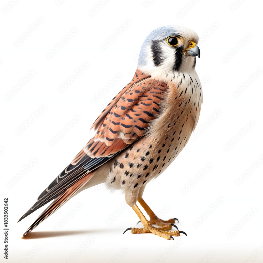 Obraz premium Beautiful american kestrel stands tall on a white background in a studio setting
