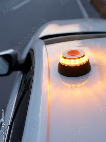Homologated Emergency Vehicle Light (Luminous Beacon V16 DGT) for Damaged Cars — Mandatory Replacement by Warning Triangles, Road Safety Concept