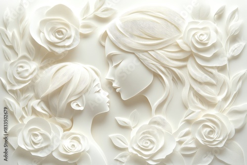 Embossed white relief sculpture depicts an adult female and a child facing each other surrounded by floral elements