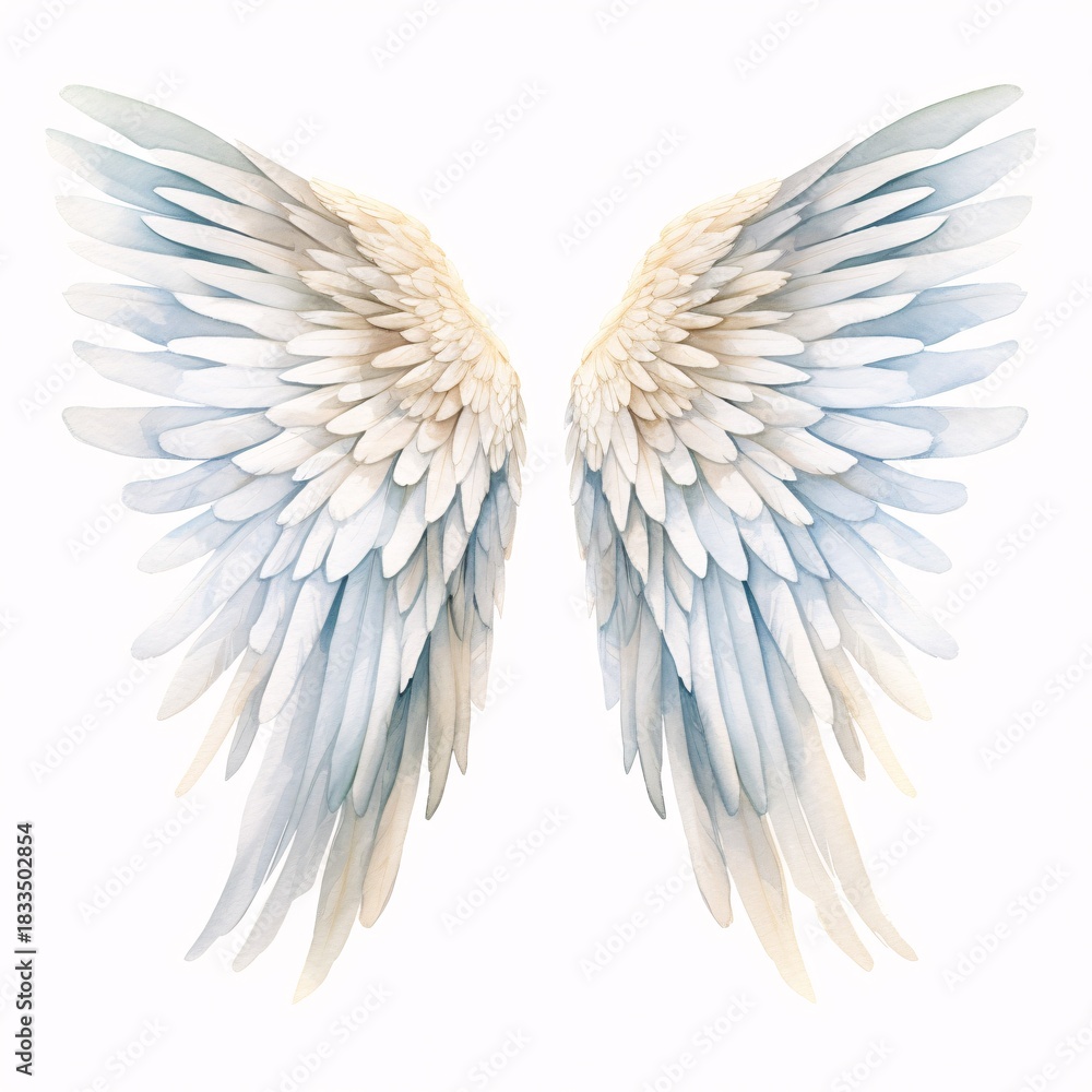 Fototapeta premium Watercolor angel wings with delicate feather texture against a white background