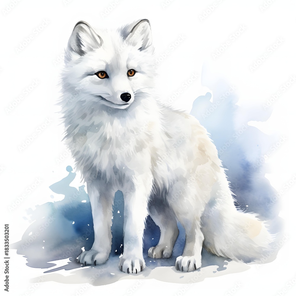 Fototapeta premium Elegant arctic fox sitting serenely with a curious gaze, rendered in watercolor style