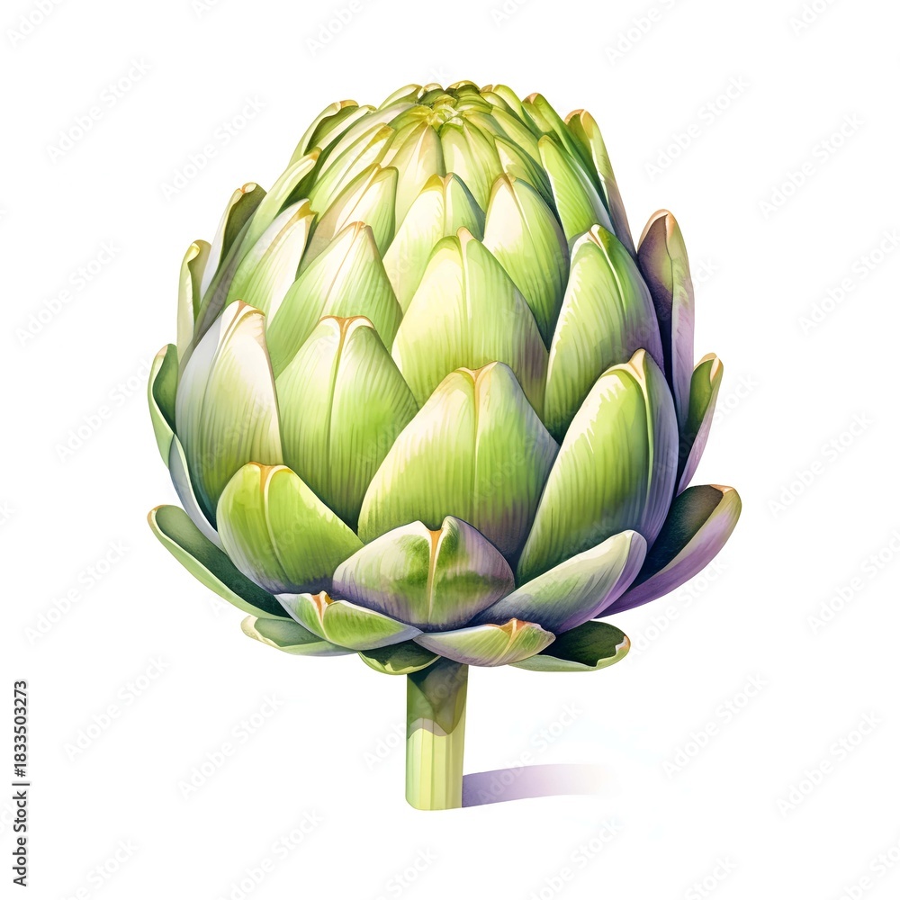 Fototapeta premium Beautiful artichoke stands upright in a botanical illustration on a white background