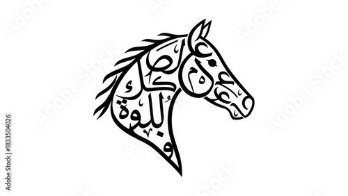 Artistic horse head silhouette formed with intricate arab calligraphy on white canvas