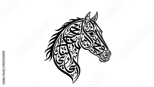 Horse head silhouette formed from elaborate flowing arabic calligraphy design