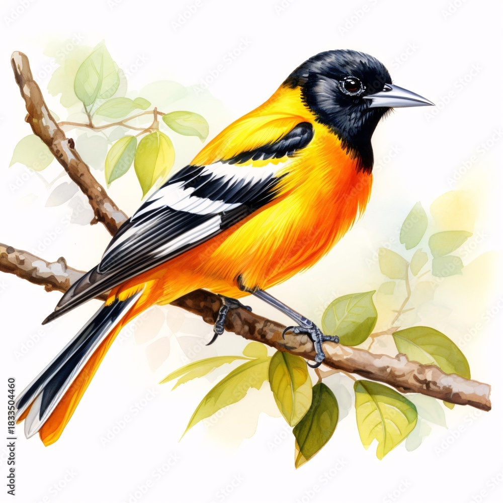 Fototapeta premium Vibrant baltimore oriole perched gracefully on a branch in watercolor style