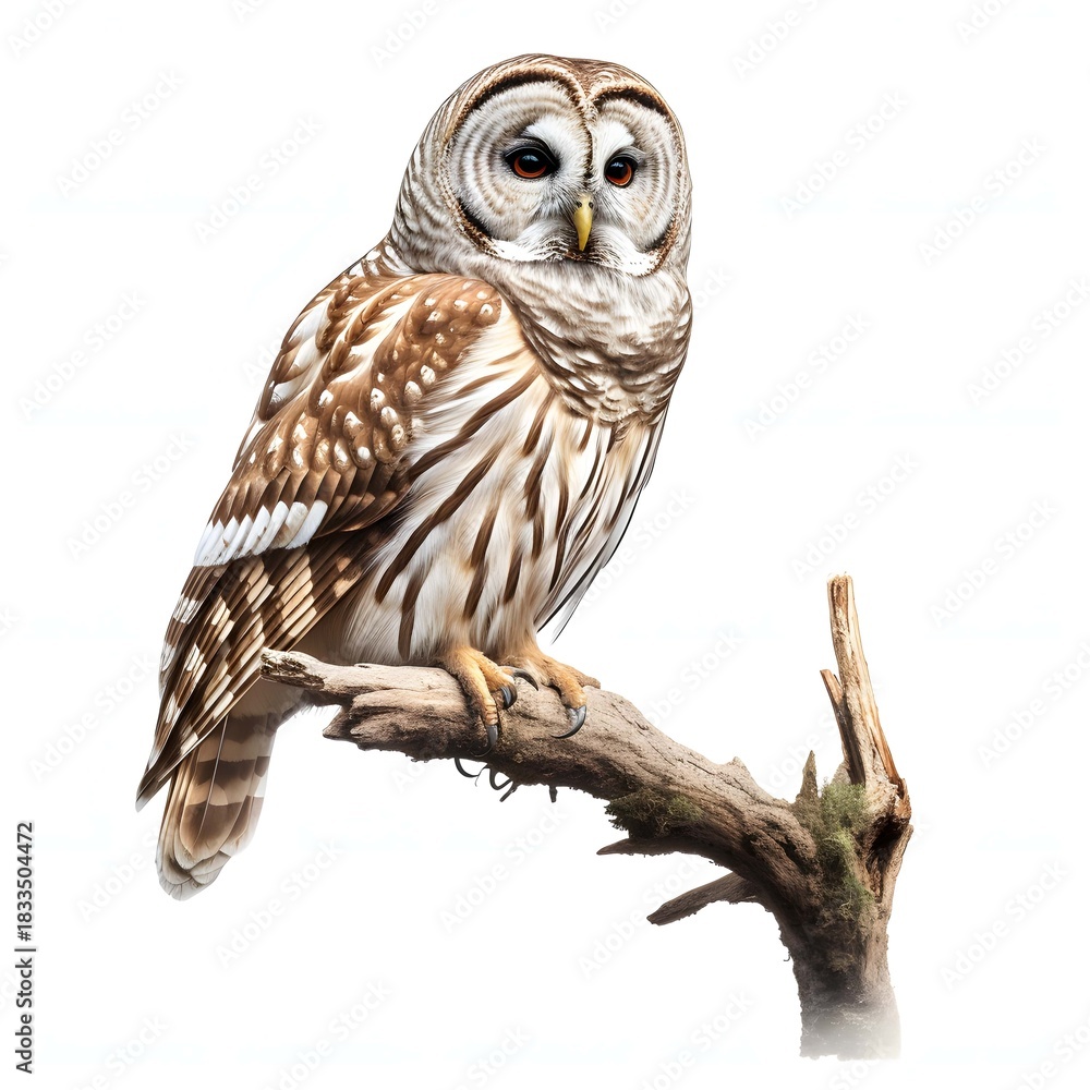 Fototapeta premium Majestic barred owl perched gracefully on a weathered branch against a light background