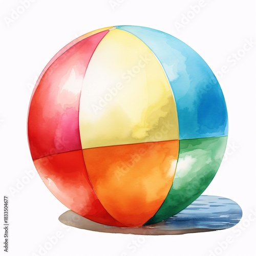 Watercolor illustration of inflatable beach ball resting in shallow water