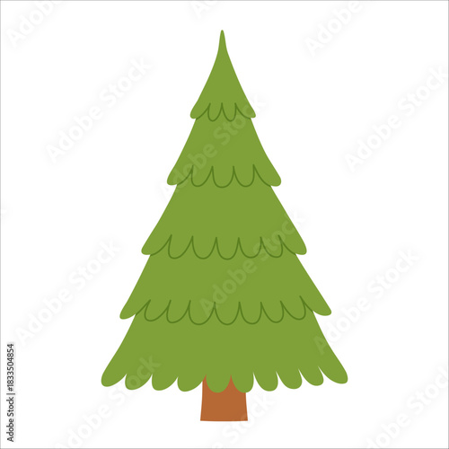 Simple soft evergreen tree with smooth curved layered branches. Bright green tones. For Christmas, winter, forest, holiday, kids, and nature graphics. Flat vector. Hand drawn. Isolated background.