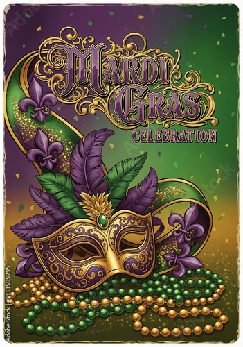 Opulent Mardi Gras Celebration Poster with Mask, Feathers, and Beads in Traditional Purple, Green, and Gold Colors.