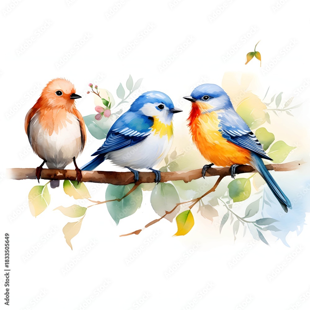 Obraz premium Watercolor painting of three birds perched on a branch with leaves and flowers