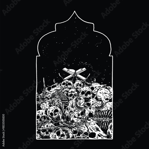 pile of skulls and scripture death metal illustration