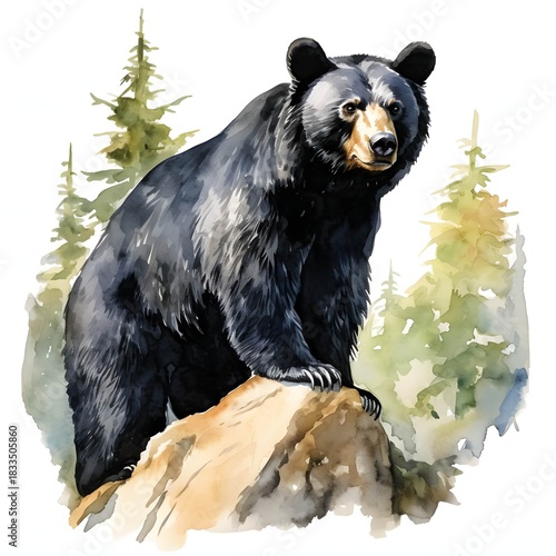 Majestic black bear standing on a rock in a watercolor painting