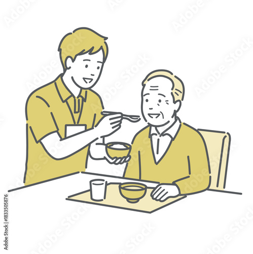 笑顔で高齢者に食事介助（摂食介助）を行う介護士のイラスト