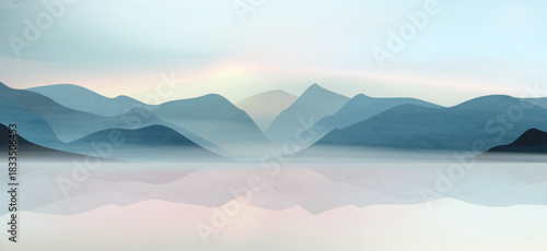 Minimalist landscape art background in cool tones with mountains and a lake in a watercolor style. A natural banner for decor, wallpaper, packaging, prints, posters, and interior design.