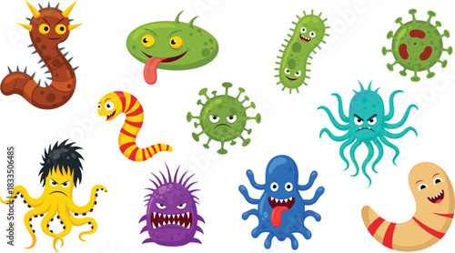 A colorful set of cartoon germs, bacteria, and viruses with funny, expressive faces, ideal for educational materials on hygiene, health, and science for kids.