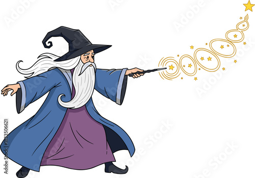 Cartoon wizard with long white beard casting a magic spell from his wand, sparkling stars and swirls, fantasy vector illustration.