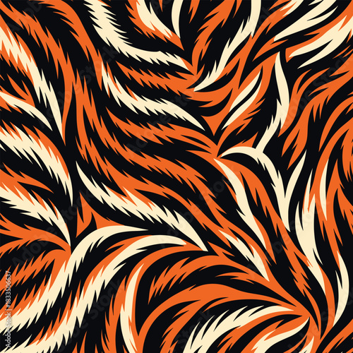 Seamless vector background showcasing a stylized wild animal skin, capturing the abstract fur texture of a tiger with bold orange and black stripes