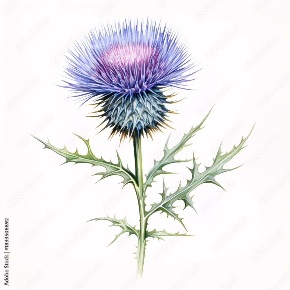Fototapeta premium Elegant thistle flower with a white backdrop evokes a sense of simple charm