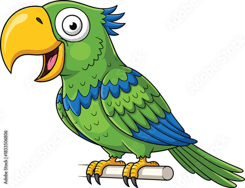 Cute green cartoon parrot with blue wings and yellow beak perched on a branch, cheerful expression, vector illustration for kids, education, or fun designs.