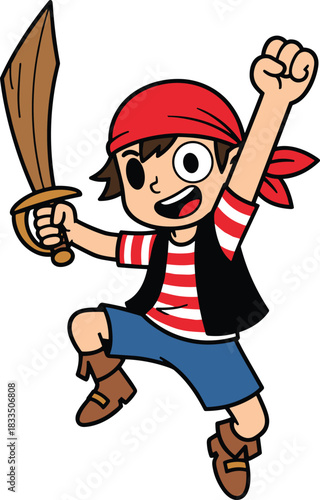 Excited cartoon pirate boy in red bandana and striped shirt, jumping with sword raised for adventure-themed kids' content