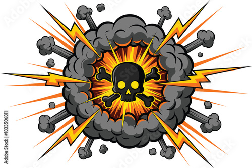 Explosive cartoon skull and crossbones symbol with smoke and lightning, danger warning icon, vector illustration