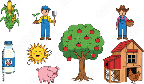 Farm life cartoon icons set with farmer, corn, apple tree, pig, chicken coop, milk bottle, and sunny weather