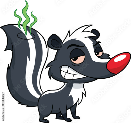 Funny cartoon skunk with red nose and green stink, mischievous grin and tired eyes, humorous animal vector illustration