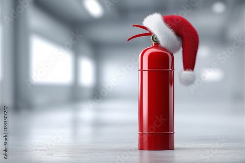 Red fire extinguisher with santa hat in industrial setting