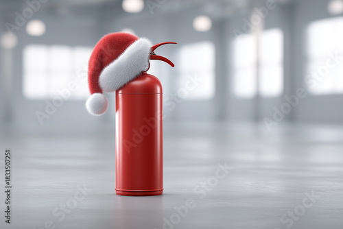 Red fire extinguisher with santa hat in modern room