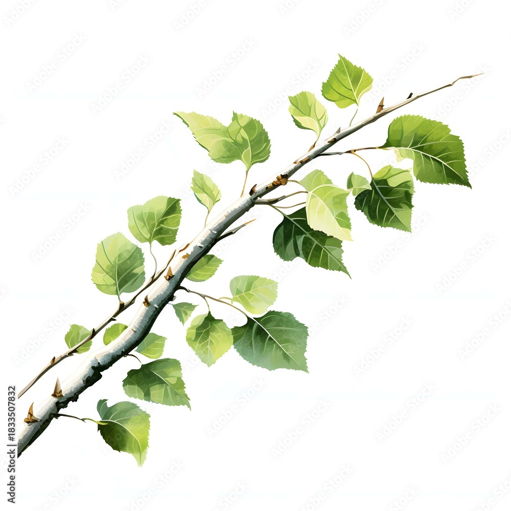 Fototapeta premium Elegant birch branch with fresh green leaves on a bright white background