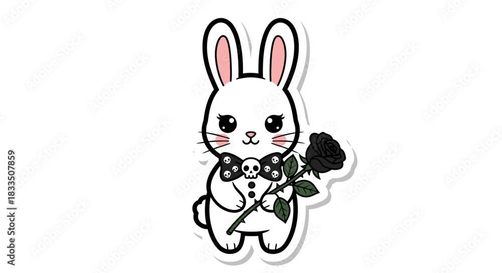 Obraz premium Whimsical Goth: Adorable Kawaii Bunny with Black Rose and Skull Bowtie Illustration