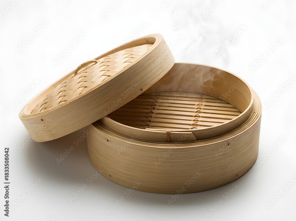 Fototapeta premium Bamboo steamer with lid slightly ajar, showing steam rising, on a white background, ready for cooking Asian cuisine.