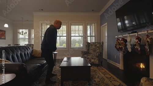 man relaxing on sofa with feet up by the fireplace