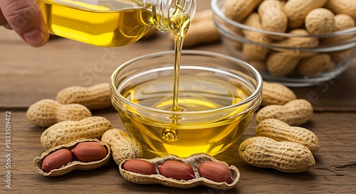 Golden peanut oil pouring into glass bowl with peanuts scattered around pouring oil cooking oil