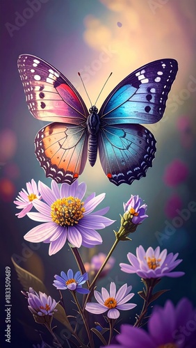 A vibrant butterfly with multicolored wings rests atop a cluster of purple and white daisies in a colorful, dreamy setting.