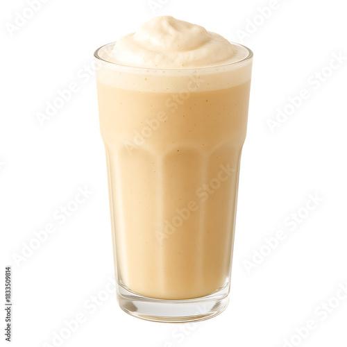 Frothy creamy vanilla milkshake or smoothie in a clear glass, refreshment. isolated on transparent background