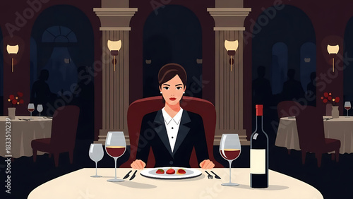 Woman Dining Alone in Elegant Restaurant with Wine and Steak