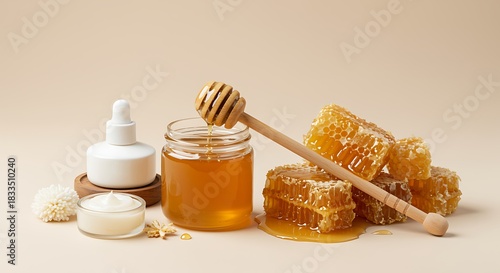 Honeycomb and skincare products with honey on beige background beauty natural