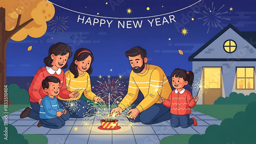 Happy New Year Family Celebration with Fireworks and Cake
