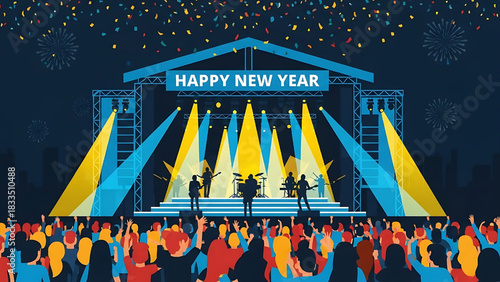 Happy New Year Concert Celebration with Crowd and Stage Lights