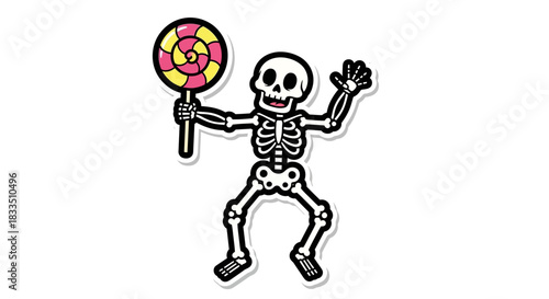 Cartoon Skeleton Character Dancing Holding Colorful Swirl Lollipop on White Background