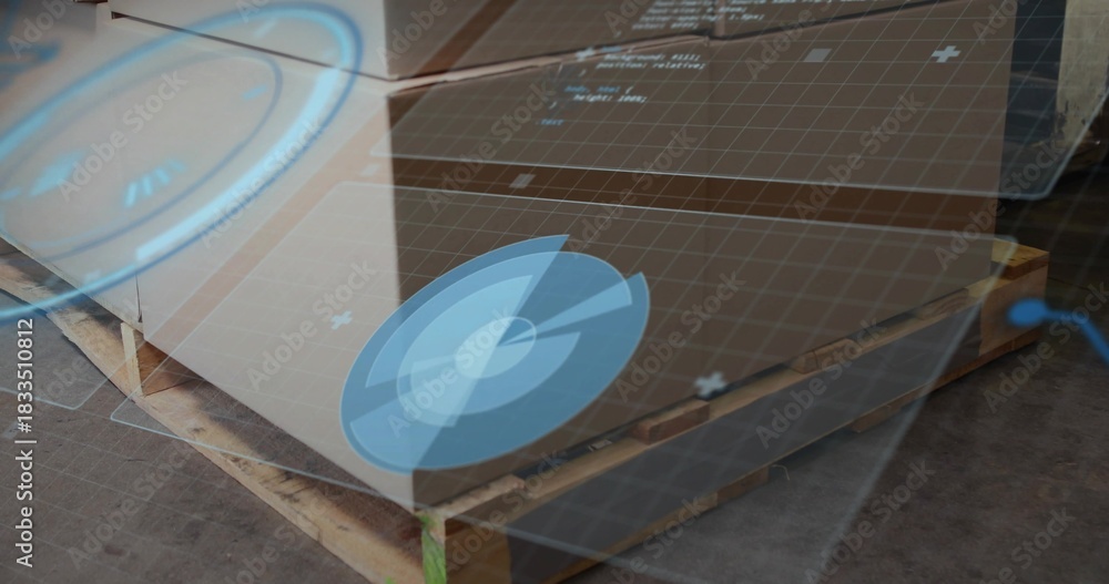 Obraz premium Displaying wooden pallet with stacked cardboard boxes in warehouse, AR overlay and green strap