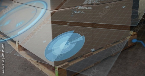 Displaying wooden pallet with stacked cardboard boxes in warehouse, AR overlay and green strap