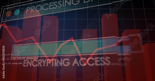 Displaying 3D red bar chart tracing red-orange line graph on data HUD, ENCRYPTING ACCESS overlay