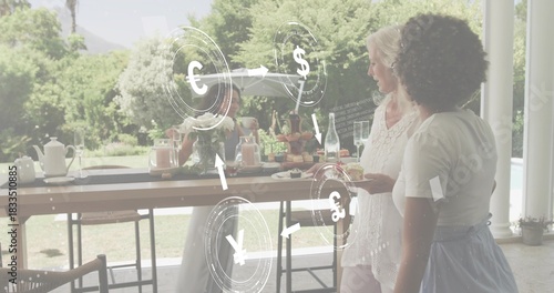Holding plates, senior white-lace and friend white-blue choosing at patio buffet, with HUD symbols