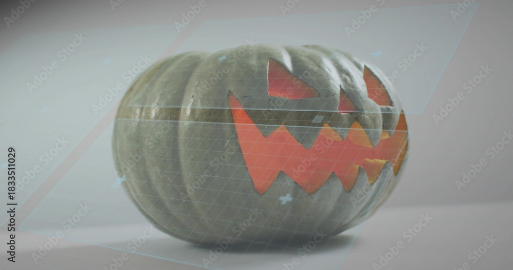 Naklejka premium Showing carved pumpkin with glowing triangle eyes, jagged mouth on studio table, with hologram grid