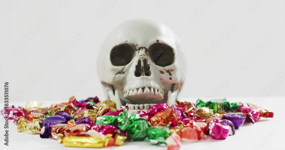 Fototapeta premium Resting skull replica sitting centered on white tabletop, surrounded by foil-wrapped candies