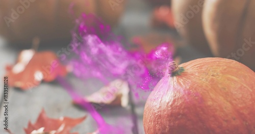 Sitting orange pumpkin catching warm light on wooden table at farm stall, purple mist, copy space